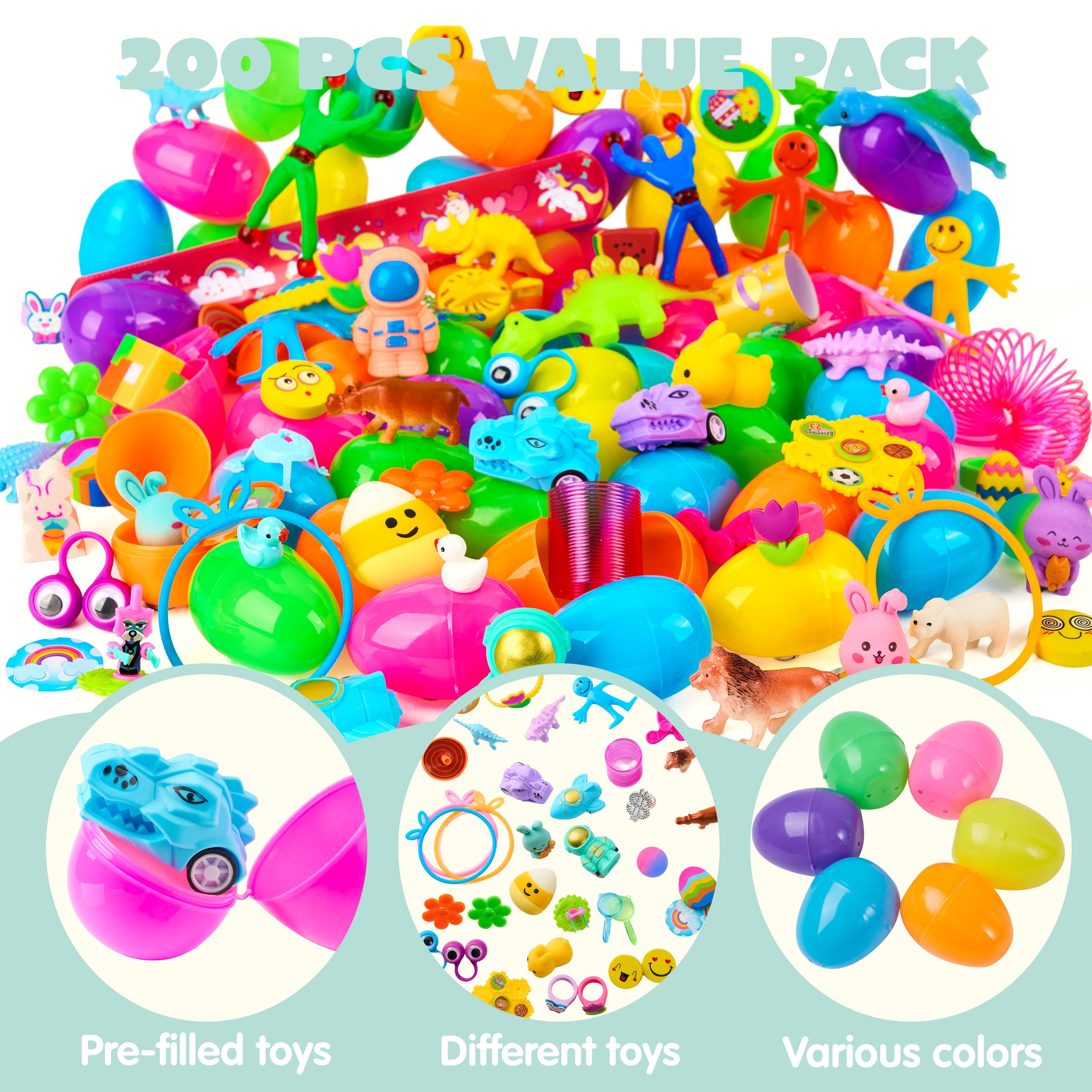 Joyfy 200 Packs Prefilled Easter Eggs with Assorted Toys,2.3" Easter Egg Bulk for Kids,Easter Eggs Hunt Events,Basket Stuffers Fillers,Classroom Prize Supplies