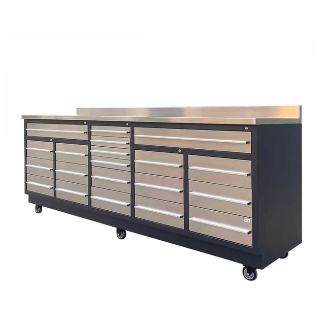 20 Drawer Stainless Steel Workbench, 9-Ft, TMG Heavy Series™, Ball Bearing Double Slides & Casters, TMG-WB921S