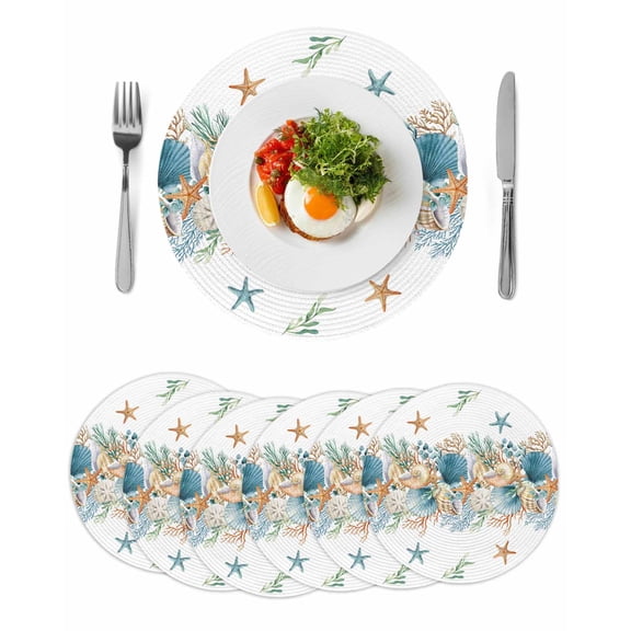 Beach Coastal Round 13 Inch Placemats Set of 6, Nautical Shell Starfish Coral Summer HeatResistant Non Slip Place Mats for Dining Table, Wipeable Braided Kitchen Table Mats for Housewarming