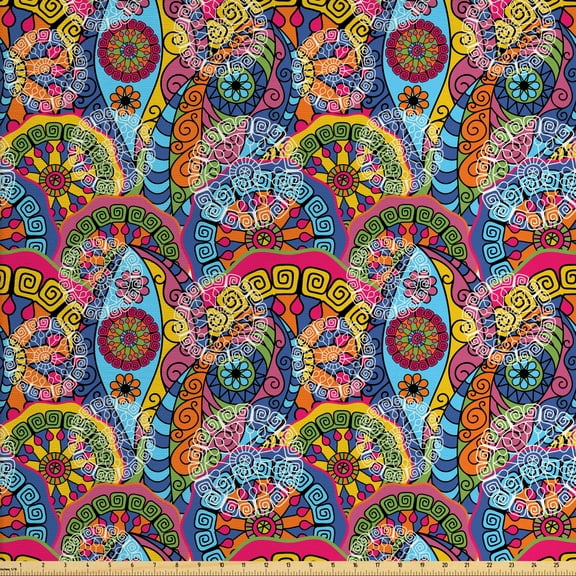 Floral Fabric by the Yard, Hippie Style Abstract Blooms with Aztec Tribal Antique Geometric Pattern Trippy Boho, Upholstery Fabric for Dining Chairs Home Decor Accents, Multicolor by Ambesonne