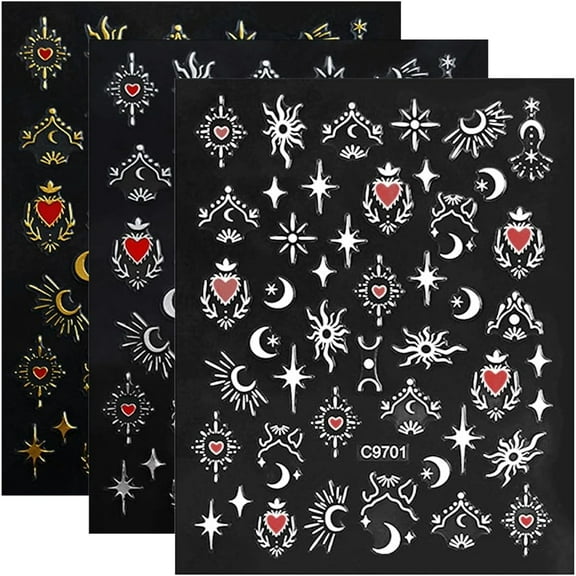 12 Sheets 6 Colors Heart Moon Nail Art Stickers Celestial Nail Stickers Colorful Stars Universe Aesthetic Vintage Self Adhesive PET Craft Decals for Manicure Tips Art DIY Design Decorations