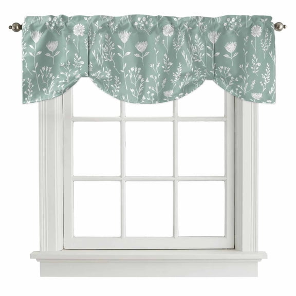 Green Sage Leaves Tie Up Valances Curtain, Boho Floral Leaf Adjustable Rod Pocket Short Window Treatment Tie Up Curtains Valances for Kitchen Living Room Bathroom 54x18 Inches