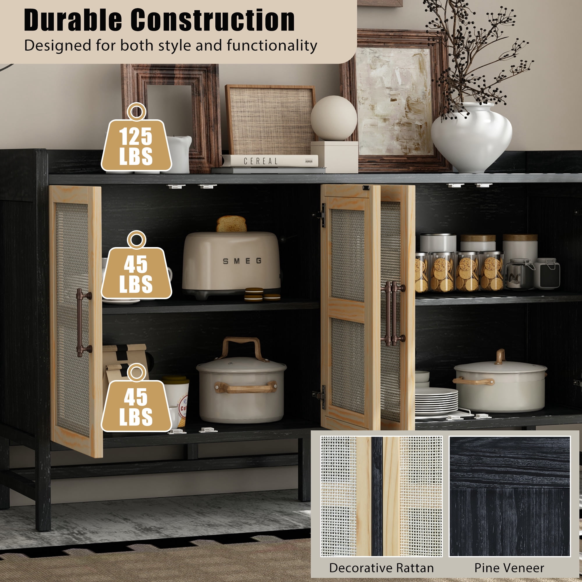 MAYEERTY Rustic Sideboard Cabinet with Rattan Doors, Buffet Cabinet with Storage for Dining Room & Living Room, Black+Natural