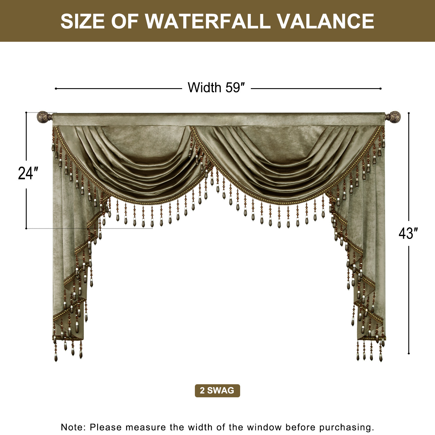 VOGOL Vintage Style Waterfall Valance Curtains, Velvet Window Treatment with Tassels, Light Filtering Decorative Drapes for Living Room, 59 inches Wide, Brown