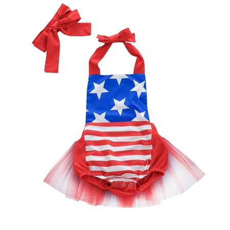 

ZRBYWB Baby Girls Romper July 4 Jumpsuit Ruffled Cotton Sleeveless Independence Day And Headband For Baby Solid