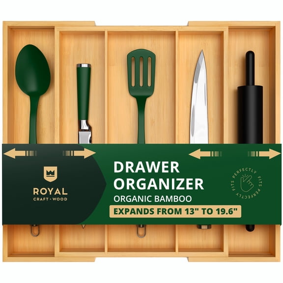 Royal Craft Wood Expandable Bamboo Kitchen Drawer Organizer – Silverware Drawer Organizer and Utensil Holder Tray with Grooved Dividers for Flatware, Cutlery & Kitchen Storage (5 Slot, Natural)