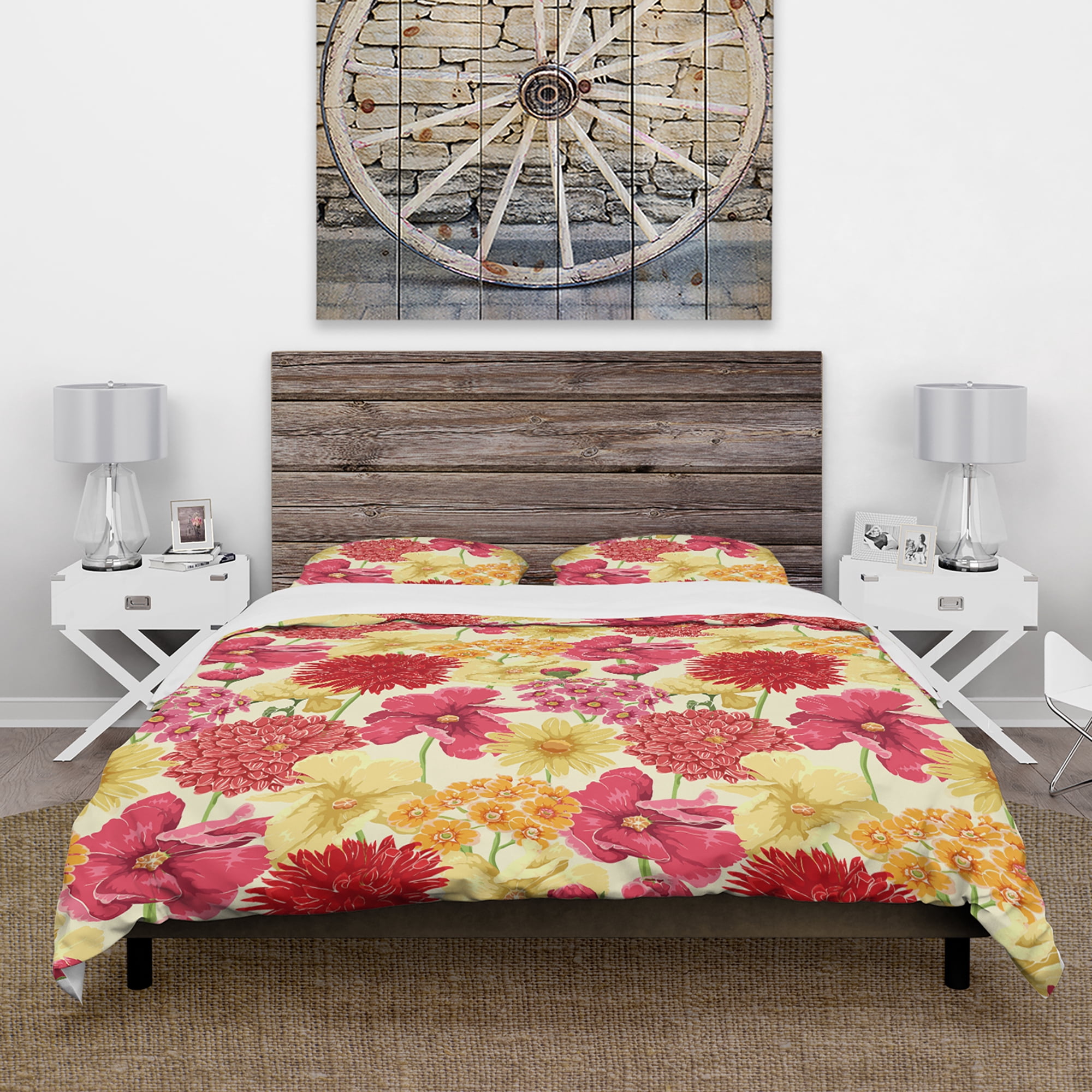 Designart 'Red, Pink and Yellow Flowers' Floral Duvet Cover Set