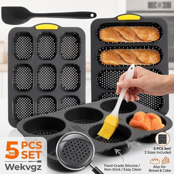 Silicone Hamburger Bun Mold Set, 3 Pcs Nonstick Burger Bun Pan with Perforated Holes for Baking, Includes Spatula and Brush