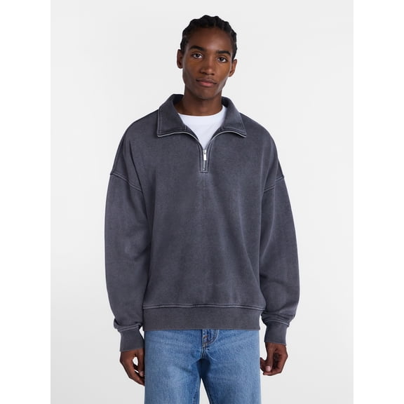 No Boundaries Boxy Fit Quarter Zip Fleece Sweatshirt with Long Sleeves, Men's XS-4XLT