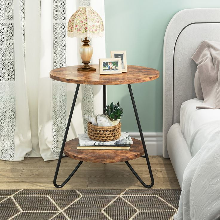 Round Side Table Sofa Couch Table with Storage Shelf 2 Layer Industrial End Table Wood Accent Table for Small Spaces Living Room Bedroom Rustic Brown Walmart