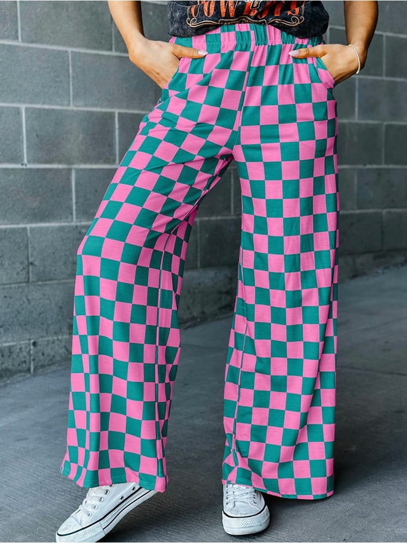 Women Casual Checkered Pants Elastic Waist Comfy Loose Wide Leg