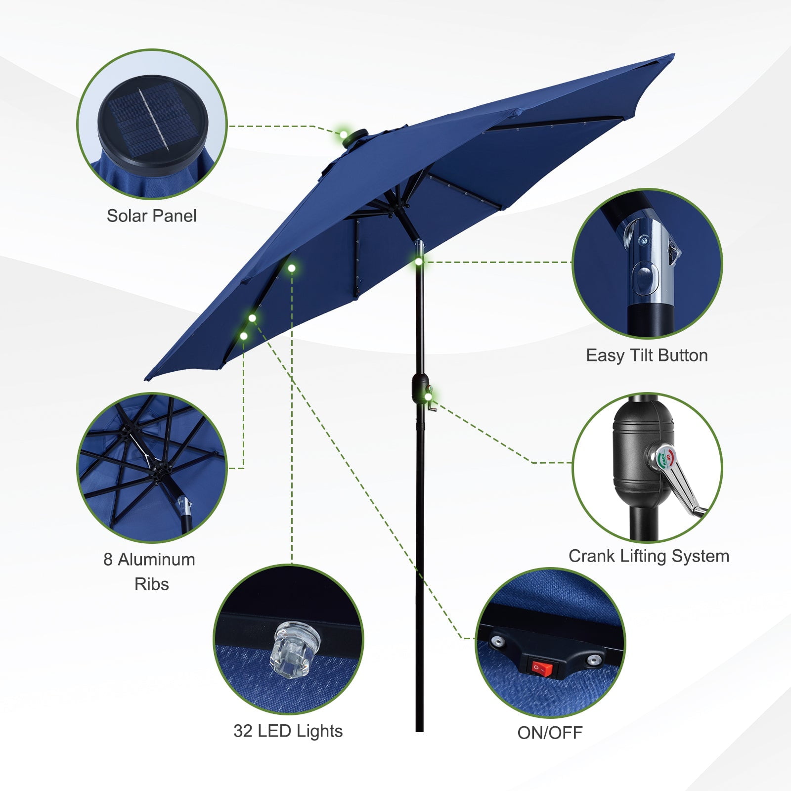 Backyard Expressions 9ft Solar Patio Umbrella with 32 LED Lights – Outdoor Market Umbrella with Tilt & Crank, Solar-Powered Lighting, Water-Resistant Fabric for Patio, Deck, Garden, Pool
