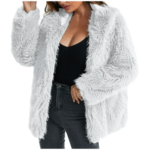 wycnly Winter Faux Fur Jacket for Women Plush Coat for Women Long Sleeve Soft Fluffy Fleece Sherpa Jacket Casual Solid Open Zipper Plus Size Fuzzy Furry Outwear Faux Fur Jacket Under $5