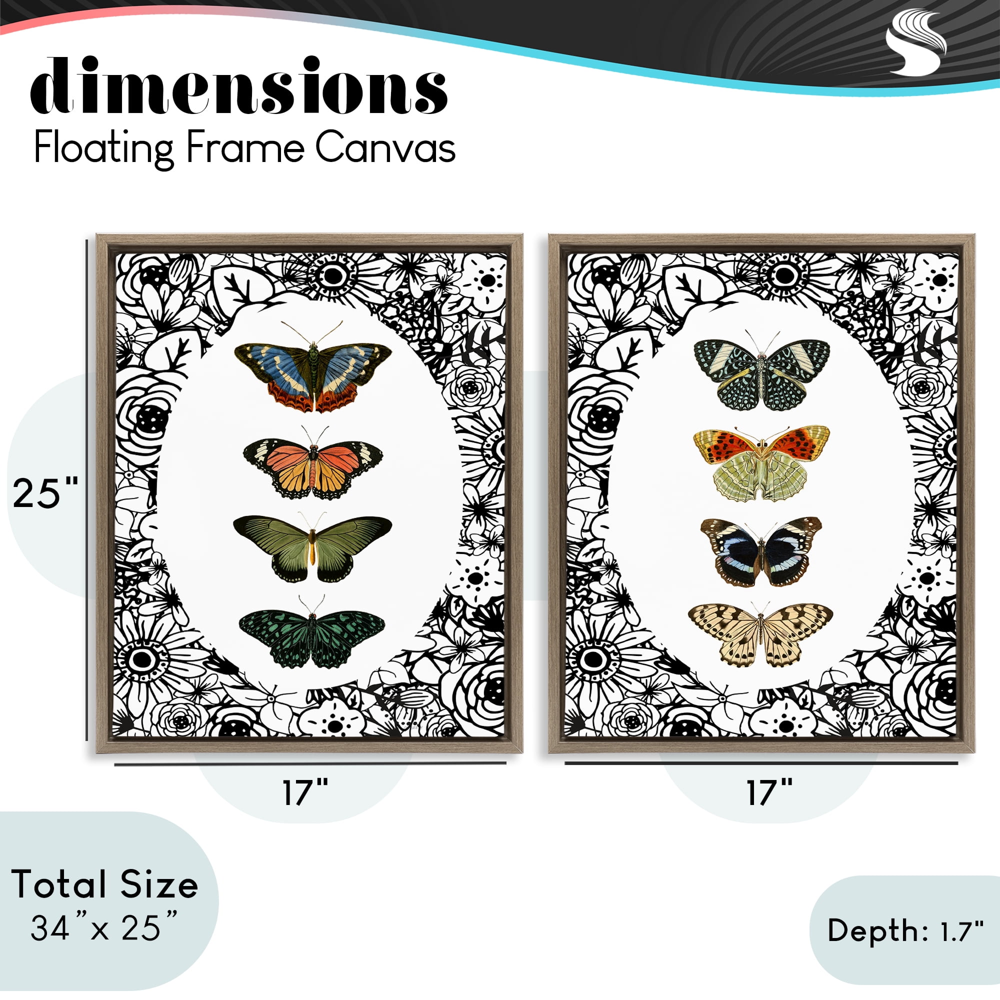 Stupell Industries Floral Butterflies Lineup 2 Piece Brown Framed Floater Canvas Set, design by Dan Meneely