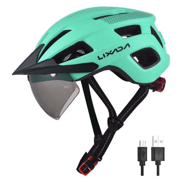 LIXADA HT003 Rechargeable Tail Light Bicycle Helmet with Detachable Goggles and Visor - PC Shell & High Density EPS Construction, 54-62cm Adjustable Head Circumference, Lightweight 306g Design -