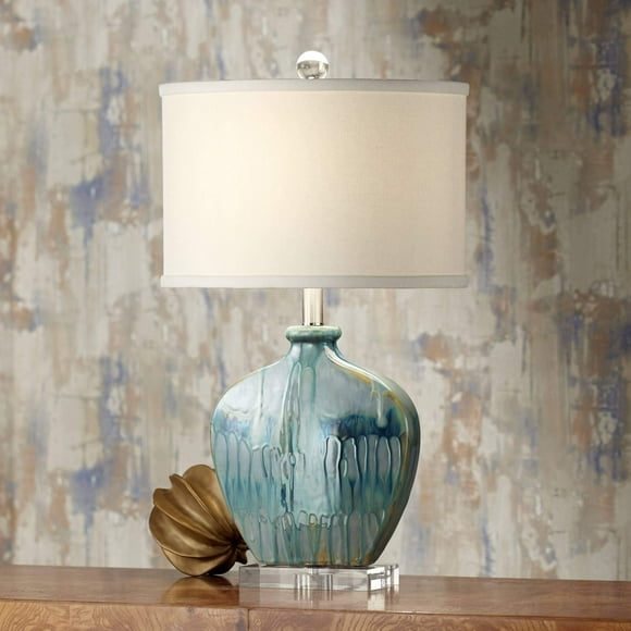 Possini Euro Design Mia 25 Pouces Lampe de Table Côtière Moderne Mi-Siècle Bleu Céramique Simple Abat-Jour Blanc Cassé Salon Chambre Chevet Maison Bureau Maison Cuisine (Couleurs Peuvent Varier)