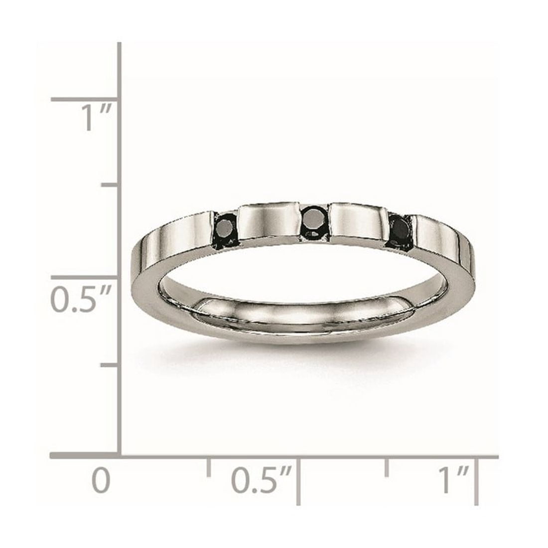 Stainless Steel Polished 3 Stone Black Cubic Zirconia 2.50mm Band Ring Size 9 Ring for Women and Men