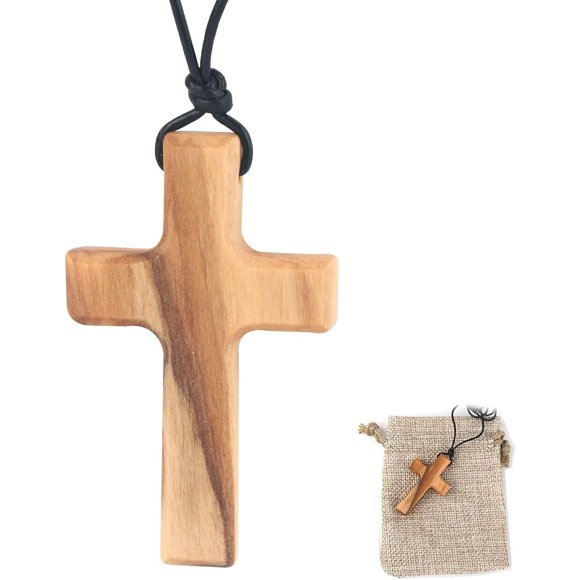 Natural Wood Cross Pendant Necklace with Adjustable Leather Cord, Wood Cross Necklace for Men Women