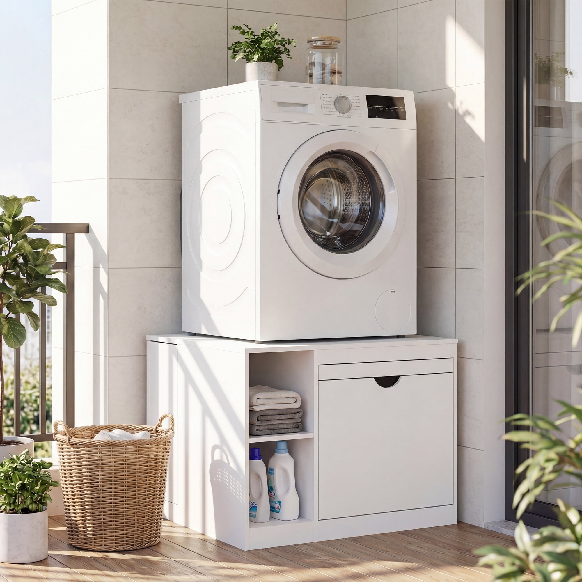Advwin 29" Washer and Dryer Pedestal, Heavy Duty Washing Machine Stand with Laundry Basket Shelf, Large Drawer, Storage Shelf & Cabinet, Universal Fit Anti-Vibration Laundry Pedestal, White