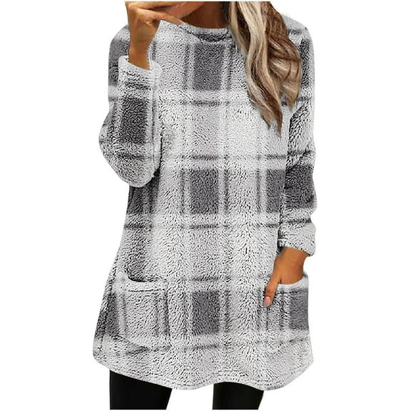 Fall Fashion Must Haves Womens Fall Plaid Pattern Long Sleeve Round Neck Sweatshirt Tops with Pocket Soft Fleece Pullover Women Fall Clothes