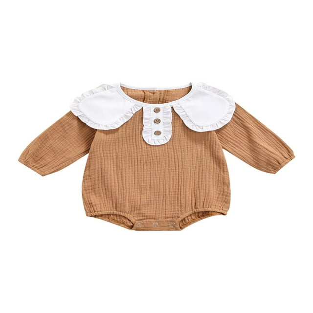 Autumn Baby Girls Cute Rompers Ruffles Collar Long Sleeve Solid Color Button Jumpsuits Clothes Black 6-12 Months