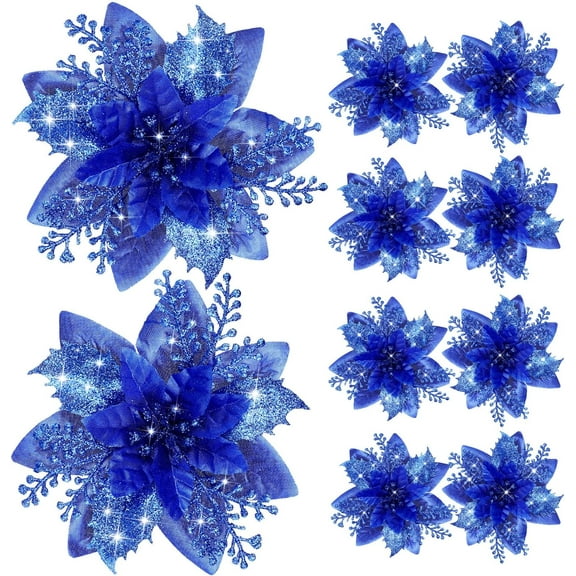 Dalrosia 12PCS Glitter Christmas Poinsettia Flowers with Clips, 5.7" Poinsettias Artificial Flowers for Christmas Tree Wreaths Garland Decoration