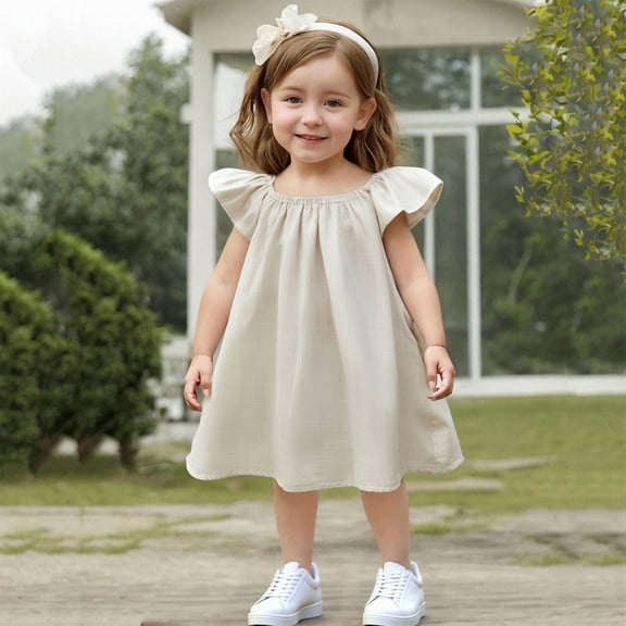 HOMADLES Toddler Girls Dress Crewneck Loose Solid Layered Short Sleeve Stretch Summer Princess Dress Dress Beige 5 T