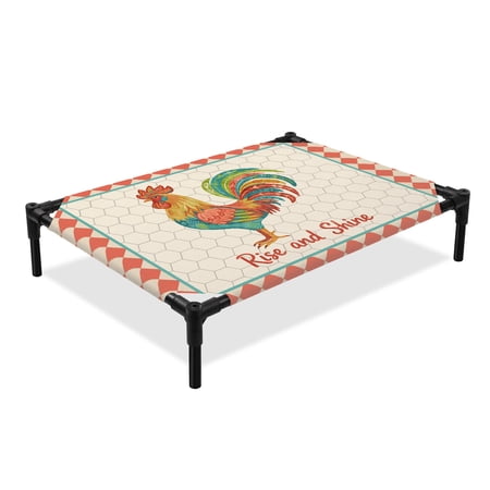 Rise and Shine Rooster Elevated Dog Bed Country Farm Colorful Chicken Geometric Red Plaid Cooling Breathable Outdoor Raised Dog Cot Bed with Metal Frame Non-Slip Feet for Large Dog 28x22in