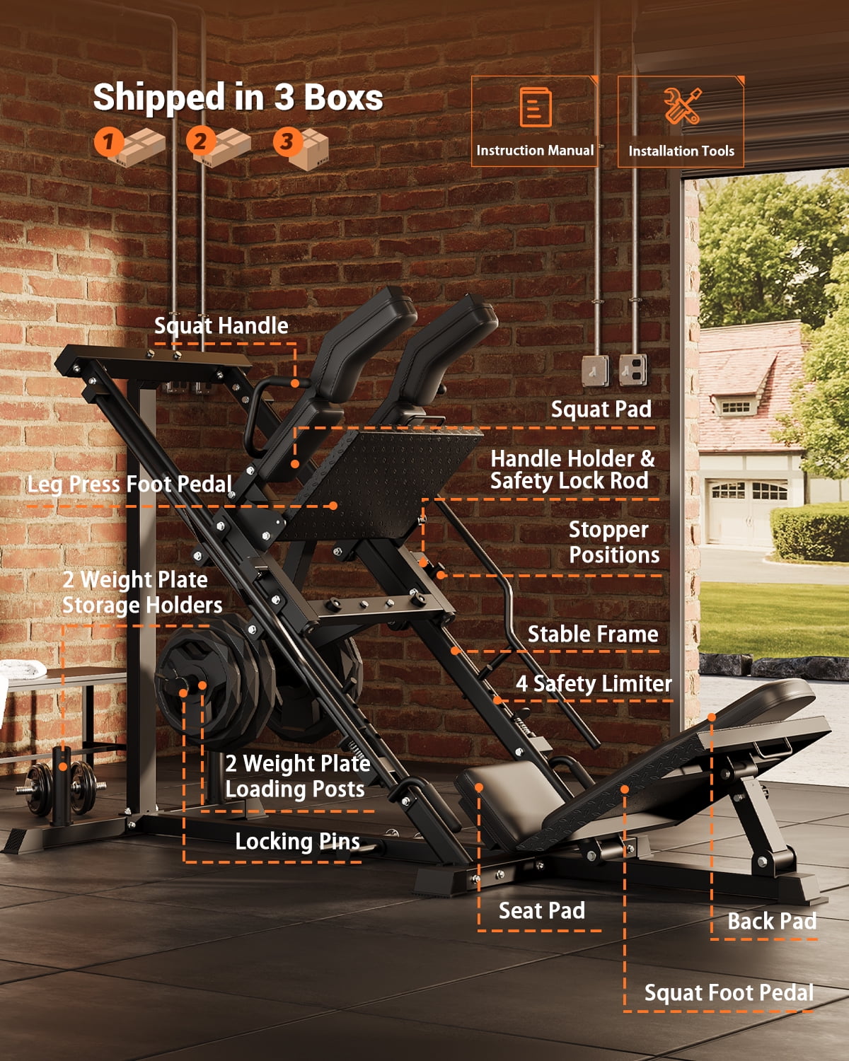 JoanKaren 3-in-1 Leg Press Hack Squat Machine with Linear Bearing & Weight Storage,1200lbs Strength Training Equipment for Home Gym