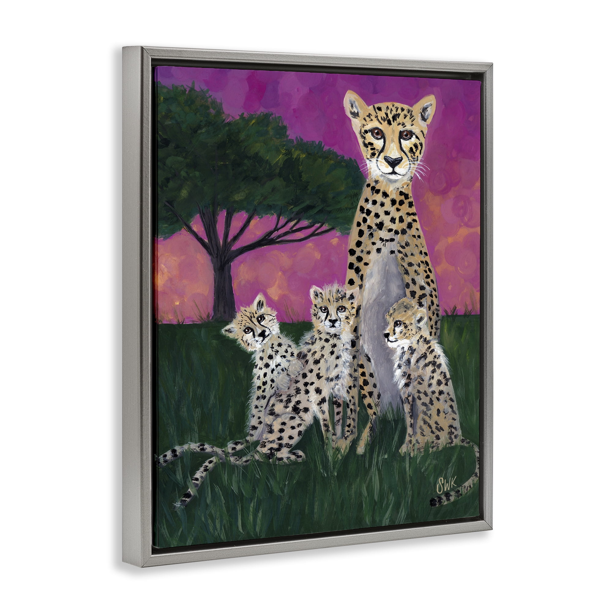 Stupell Industries Mama Cheetah & Her Cubs Gray Framed Floater Canvas Wall Art, design by Sarah Waldron Kimball