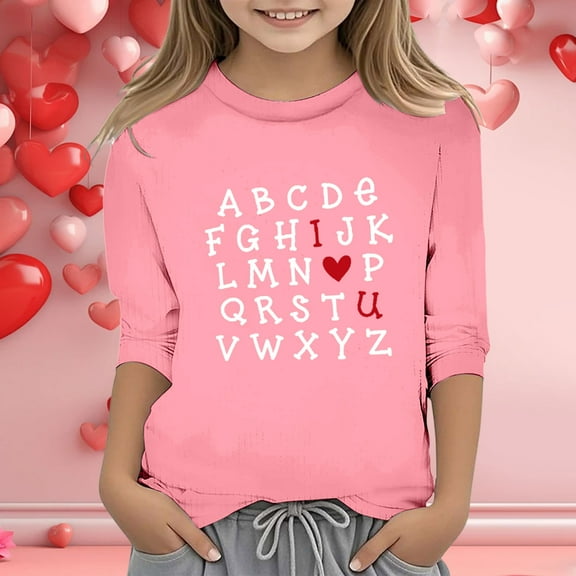 SNKSDGM Girls Shirts for Girls 10-12 Shirts for Girls 14-16 Cute Girls' Valentine's Day Print Fashion Functional Crew Neck 3/4 Quarter Sleeve Casual T Shirt Top 7-8 Years