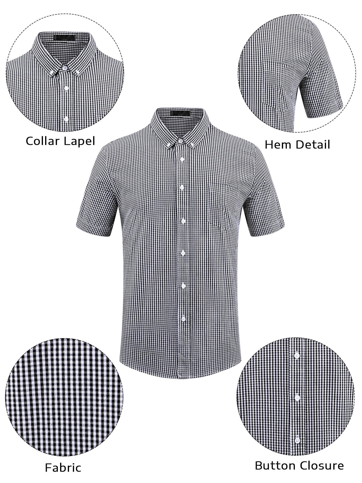 DARING DIVA Men's Gingham Tartan Button Short Sleeve Business Plaid Dress Shirt S Black