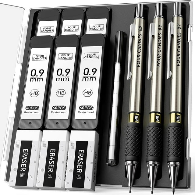 czcpp-Metal Mechanical Pencil Set - 3PCS 0.9mm Art Mechanical Pencils & 360PCS HB Lead Refills & 3PCS Erasers & 9PCS Eraser Refills, Drawing Mechanical Pencils for Writing, Sketching/With Case