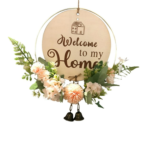 Corona de madera con letrero de bienvenida, decoración para primavera y verano, corona redonda para puerta. Estilo A