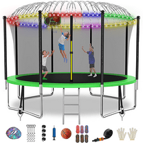 FIZITI Trampoline with Enclosure Net, Basketball Hoop,1500LBS 12FT 14FT 16FT Trampoline for 5-6 Kids Adults with Light, Sprinkler, Socks, Outdoor Heavy Duty Round Trampoline
