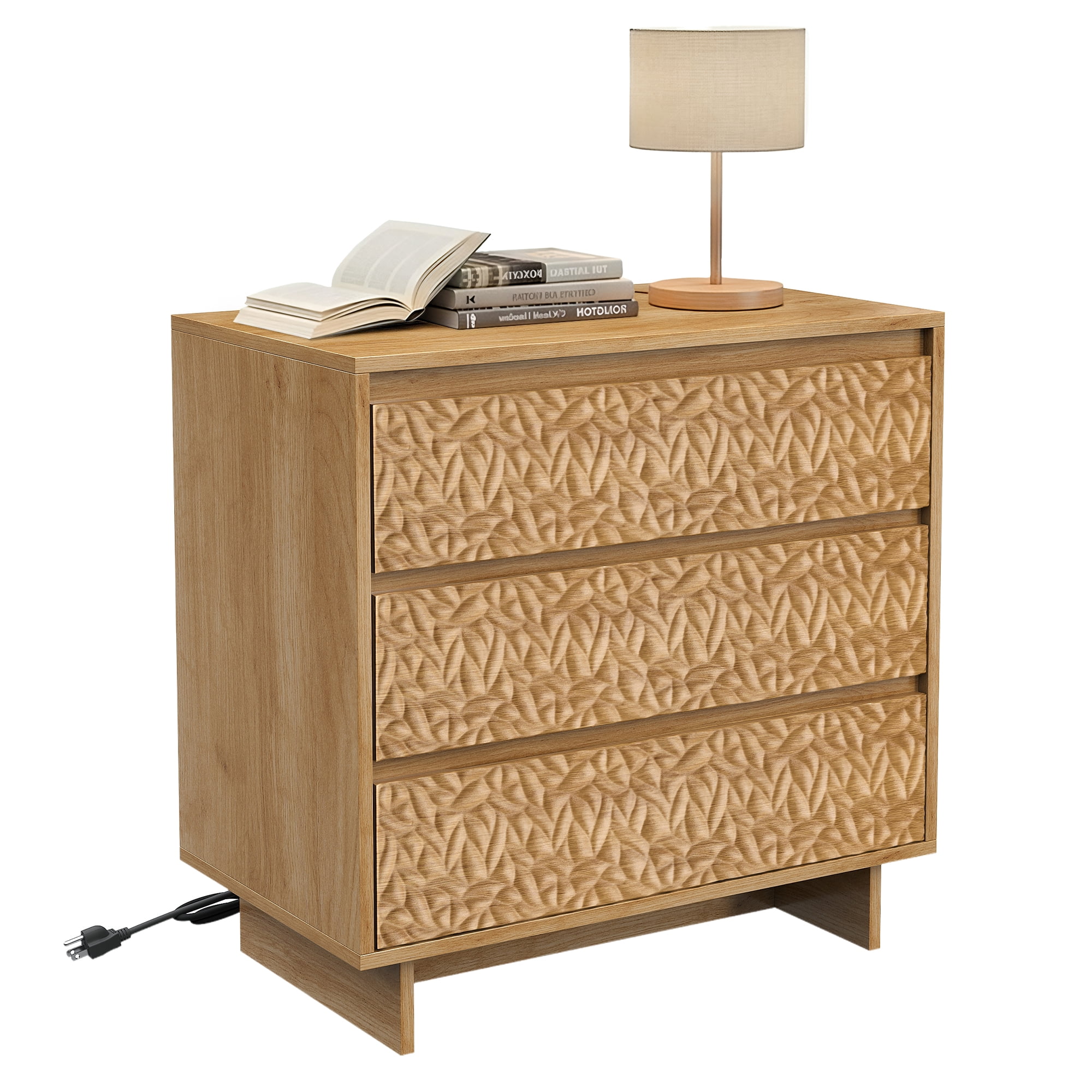 MOONMISS 3 Drawers Nightstand with Charging Station, Wood Night Stand with Waterproof Table Top for Bedroom, Livingroom, Natural Wood
