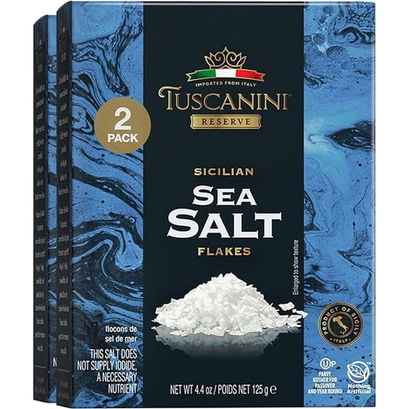 Tuscanini Italian Sea Salt Flakes, 4.4oz (2 Pack) | Flaky Sea Salt for Baking & Cooking | Finishing Salt | Kosher Gourmet Salt