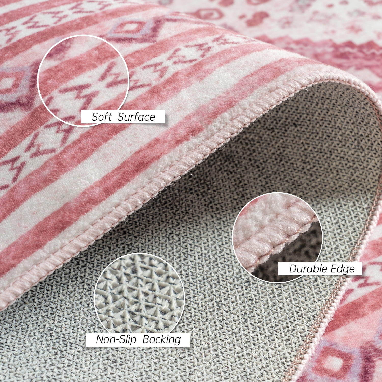 Wondo 4x6 Area Rugs for Living Room, Washable Area Rug, Rugs for Bedroom, Kitchen Rugs, Vintage Boho Carpet, Soft Non-Slip, Low Pile Area Rug for Office Dining Room, Pink