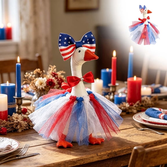 Floleo 7 Inch Desk Goose Outfit, 4th of July Patriotic Costume with Dress, Bowtie and Headband for Miniature Figurine, Independence Day Desktop Decor and Gift