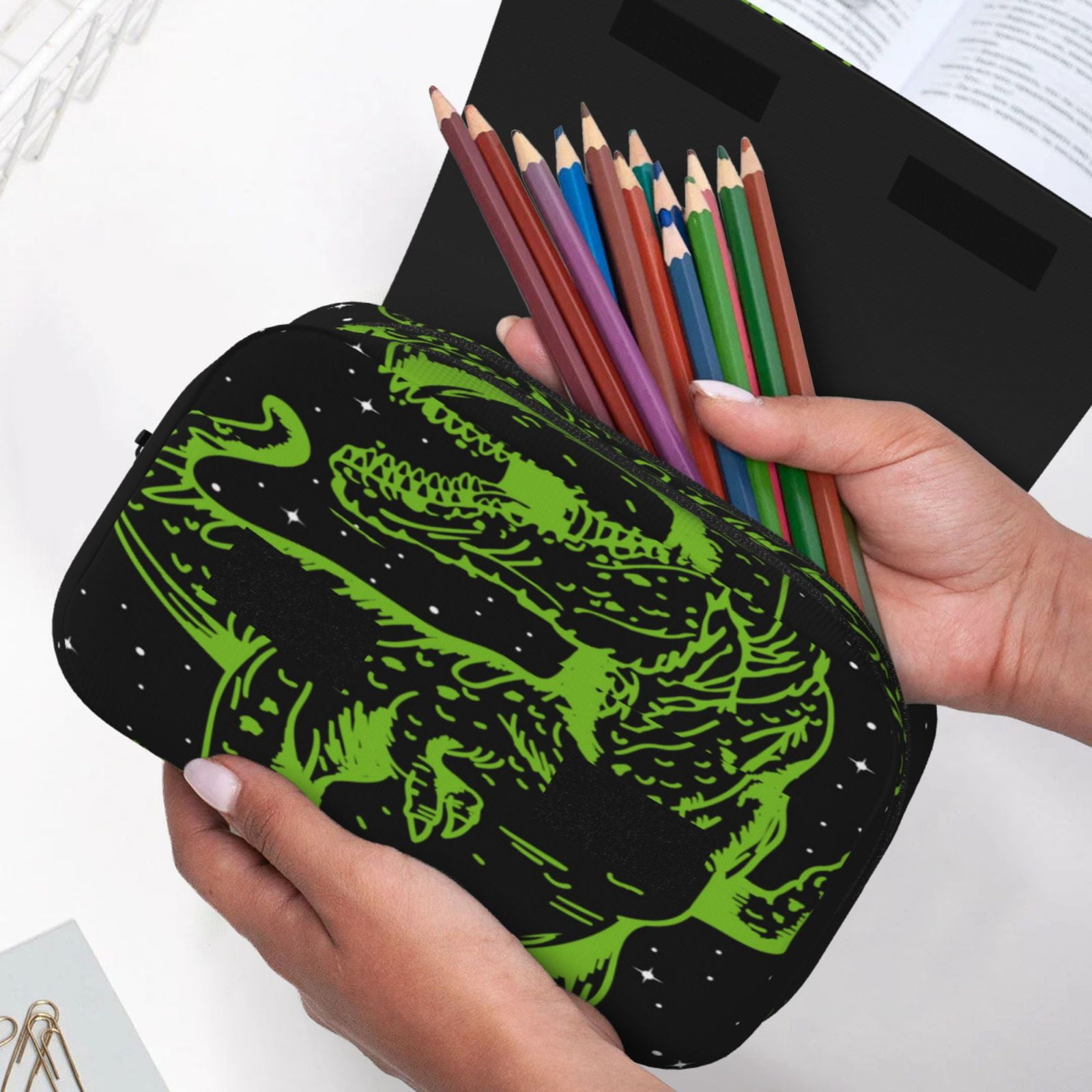 Rateoe DINOSAUR IN SPACE Pattern Double Clamshell Pen Case, Storage Organizer with Two Zipper Compartments– Holds Up to 50 Pencils & Pens