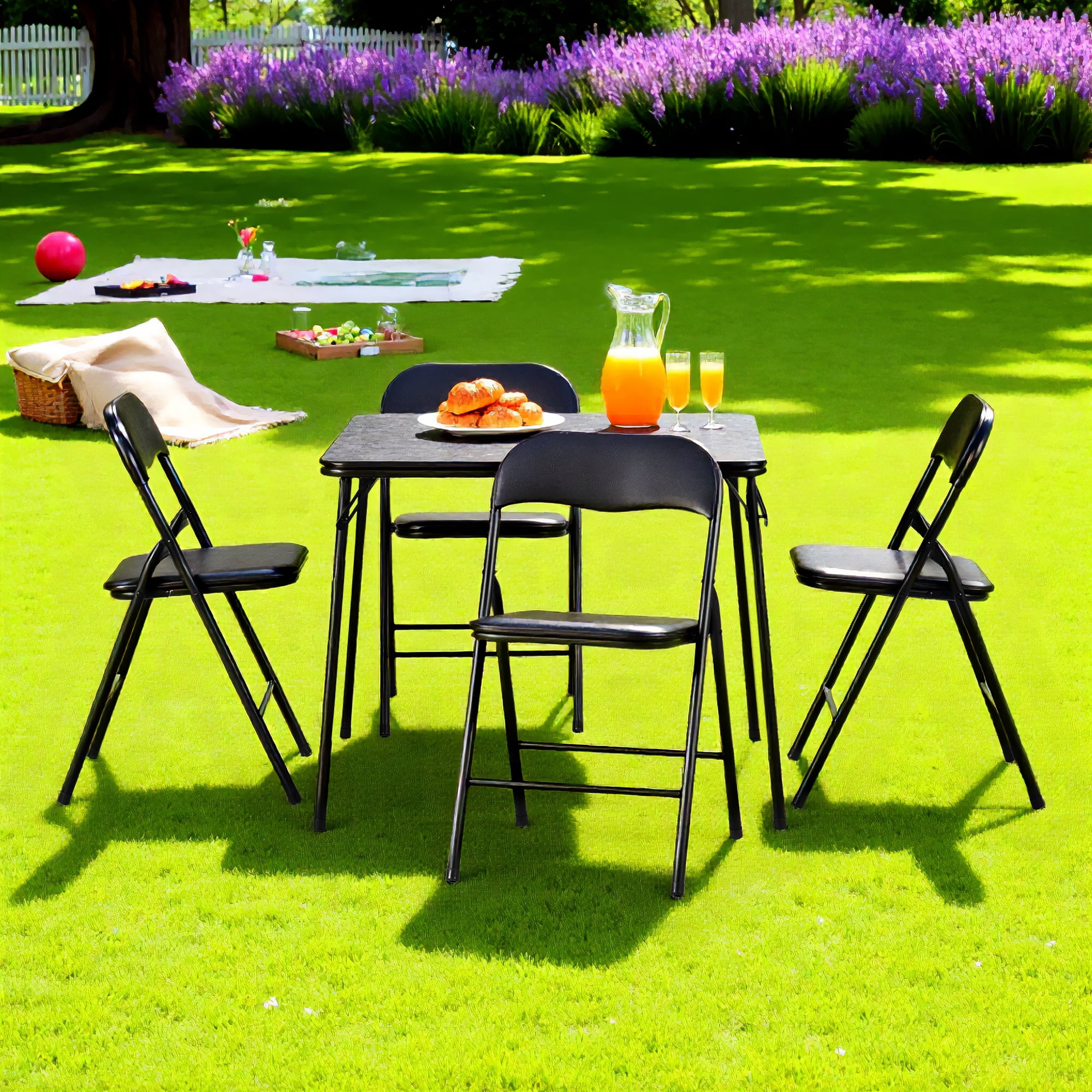 Homy Casa 5-Piece Folding Table and Chairs Set, 33.9in Dining Table with 4 Metal Chairs, Black