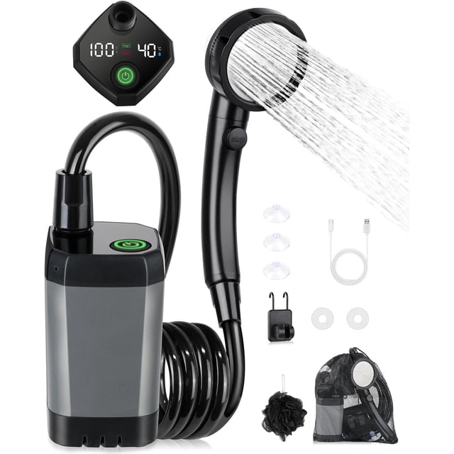 Kit de ducha para camping, ducha portátil, bomba de ducha eléctrica recargable, resistente al agua con pantalla inteligente y cabezal de ducha de 4 modos para exteriores, camping y senderismo.