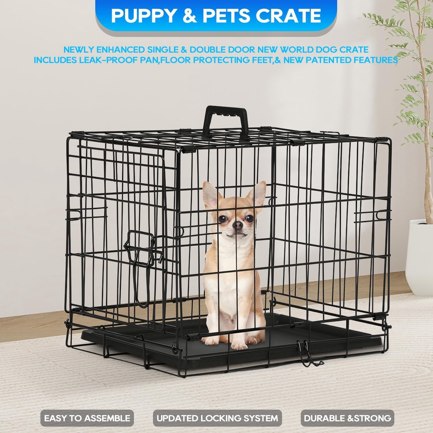 FDW 18 inch Foldable Metal Dog Crate for Small Dogs, Double Door, Divider, Removable Tray(Black)