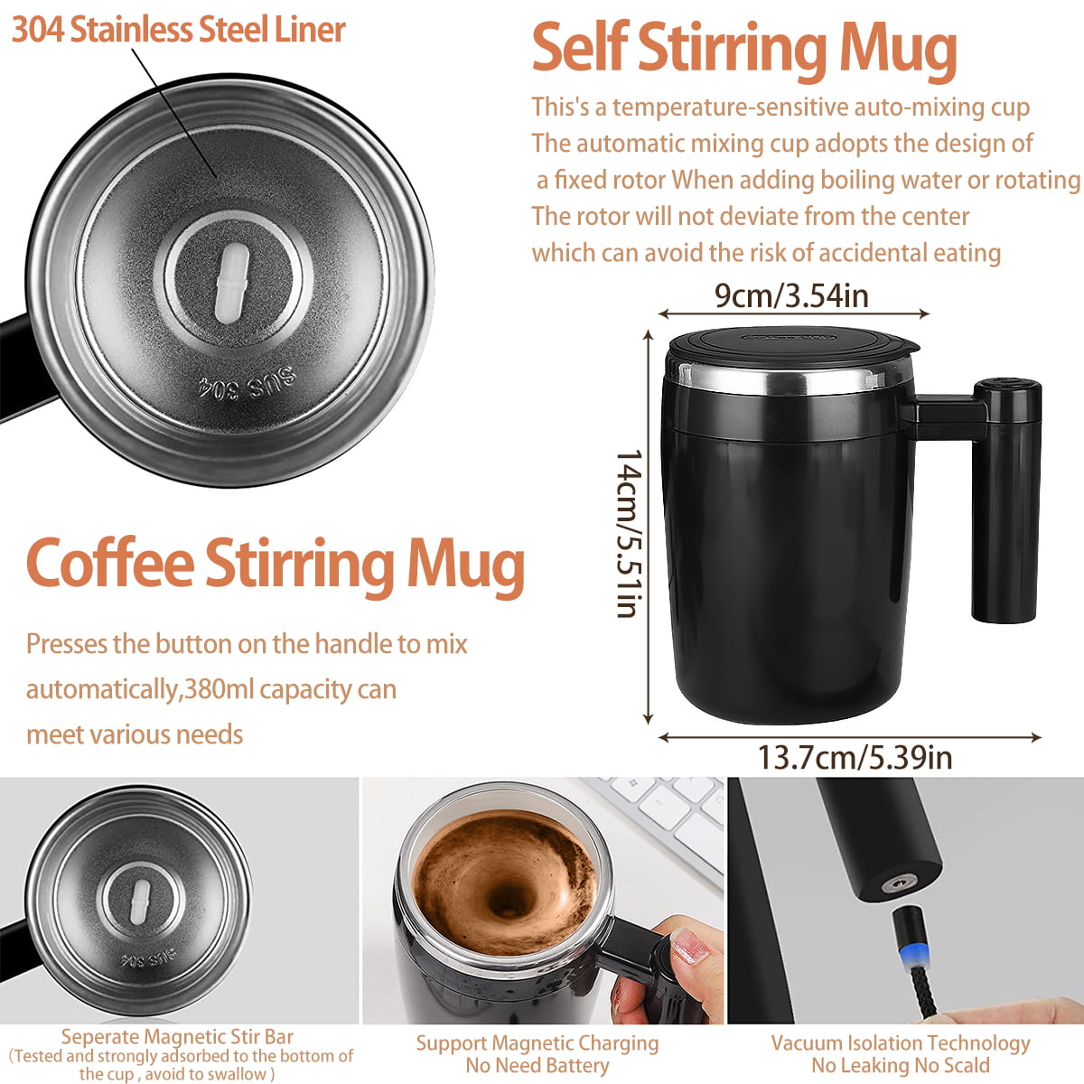 VAlinks Self Stirring Coffee Mug - Rechargeable Stainless Steel Auto Self  Mixing Cup with Lid, 350ml/12oz Coffee Self Stirring Cup To Stir Coffee