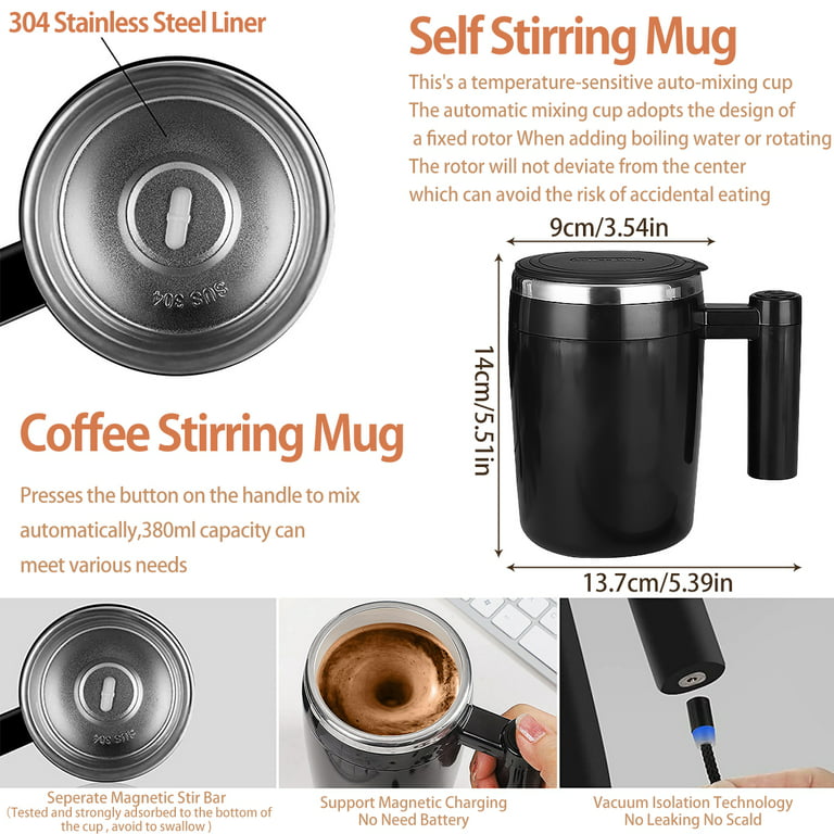 Ciyaped 380ml Self Stirring Mug Rechargeable Auto Magnetic Coffee Mug with Stir Bar Electric Stainless Steel Self Mixing Coffee Cup Suitable for Home Office