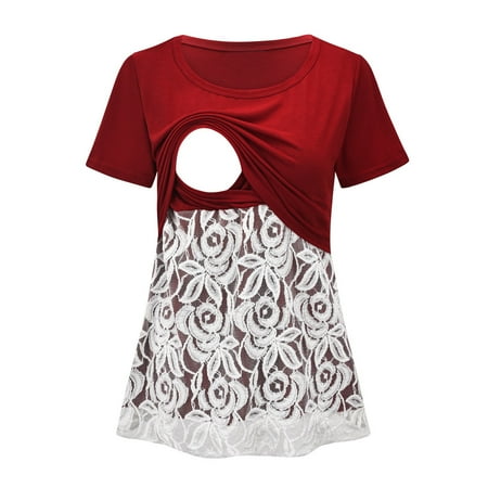 

HGWXX7 Maternity Clothing Womens Maternity Summer Short Sleeve Lace Flower Round Neck Nursing Tops Pregnancy Top For Breastfeeding