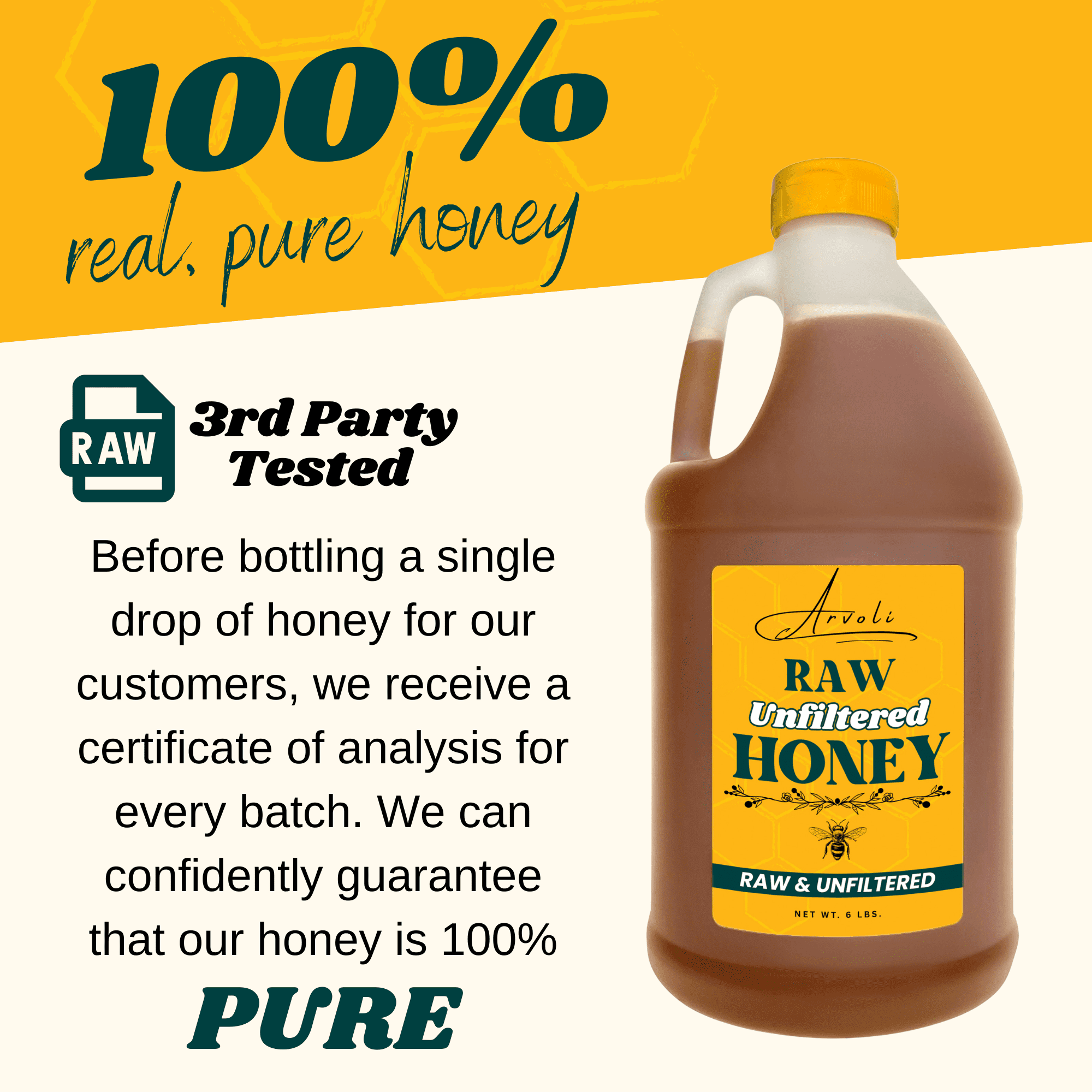 Raw & Unfiltered Wildflower Honey - 6 lbs - Half Gallon of Bulk Honey Jug by Arvoli Honey
