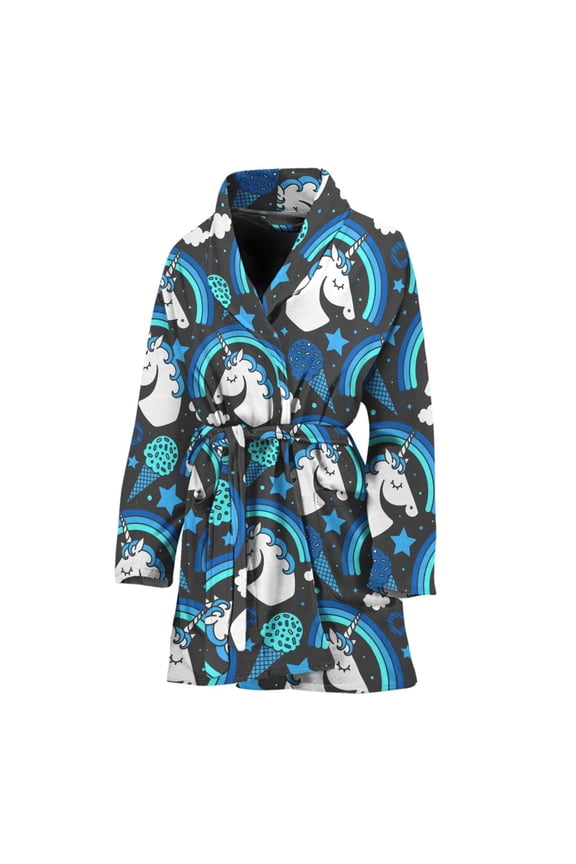 Blue Rainbow Unicorn Pattern Women Bathrobe One Size Univeral Fits Fashion Lightweight Plush Fleece Long Robe For Women