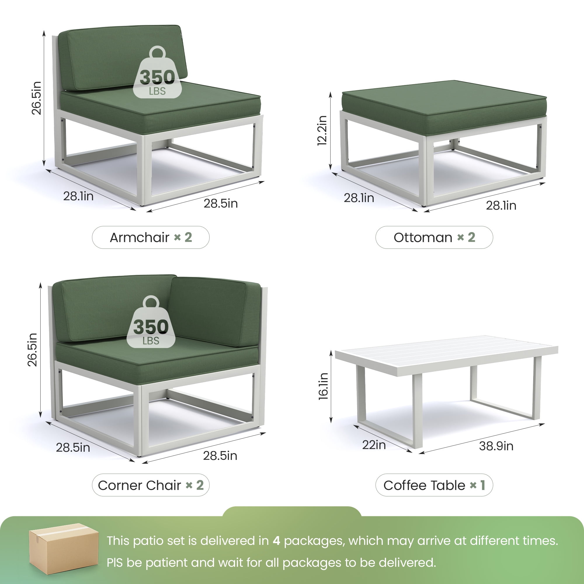 MRUAKA Aluminum Patio Furniture Set,7 Piece Modern Outdoor Furniture with 5 inch Cushion, Metal Patio Sectional Conversation Sets for Deck, Backyard, Porch(Green)