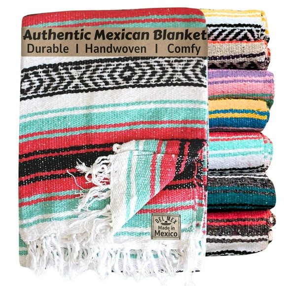 Manta mexicana Del Mex, grande, 178 x 127 cm, hecha a mano, rosa menta